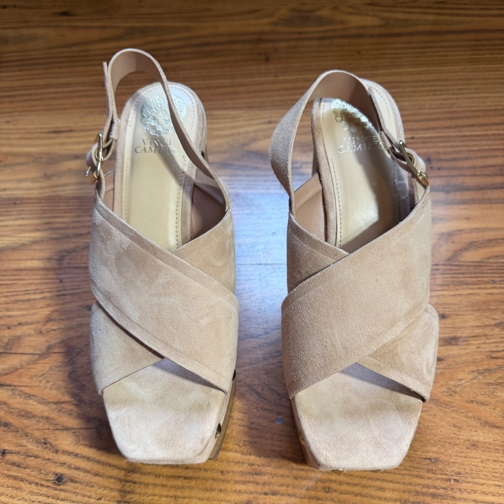 Vince Camuto Beige Suede Studded Platform Block Heel Slingback Sandals 9.5M